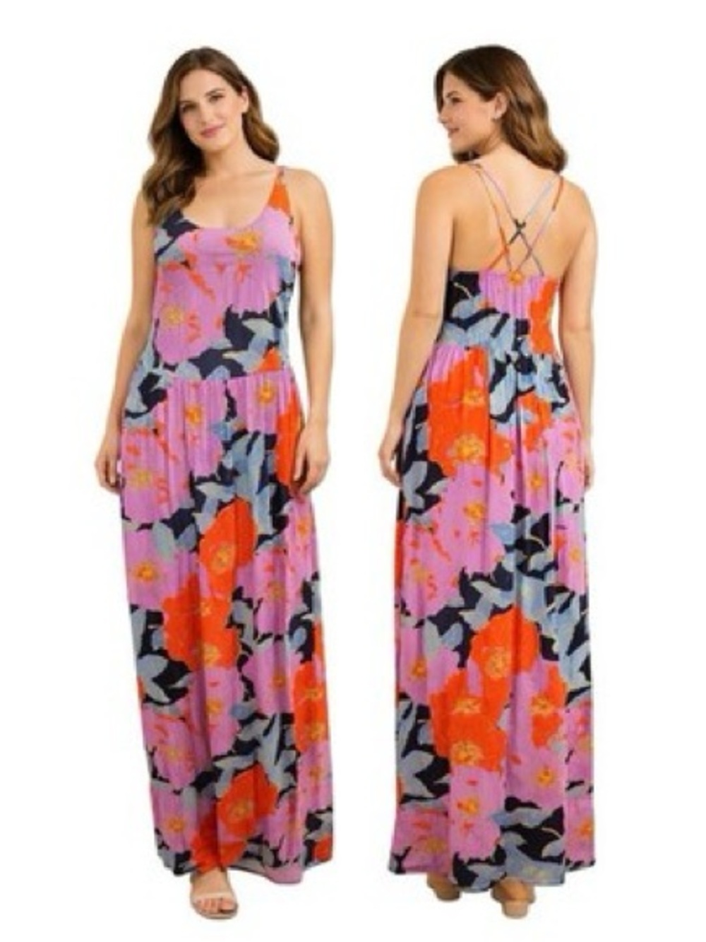 LOFT Pink Floral Maxi Dress with Orange Blooms